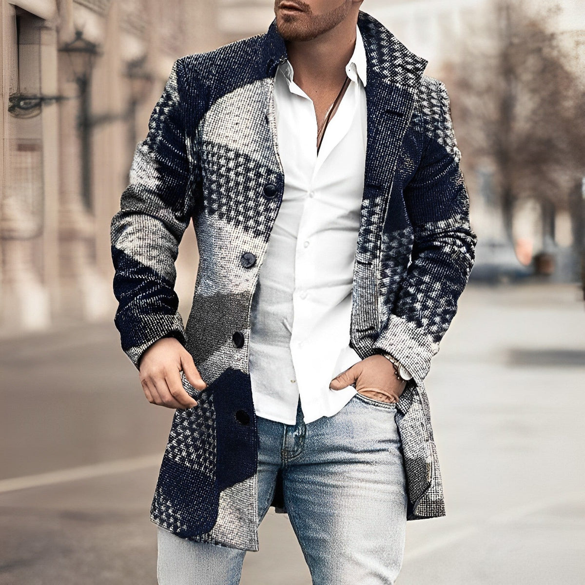 Men's long button-up winter overcoat classic fit with extended front placket and timeless button closure