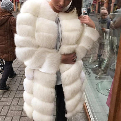 White faux fox fur coat unisex elegant tailored silhouette ethically crafted soft winter outerwear