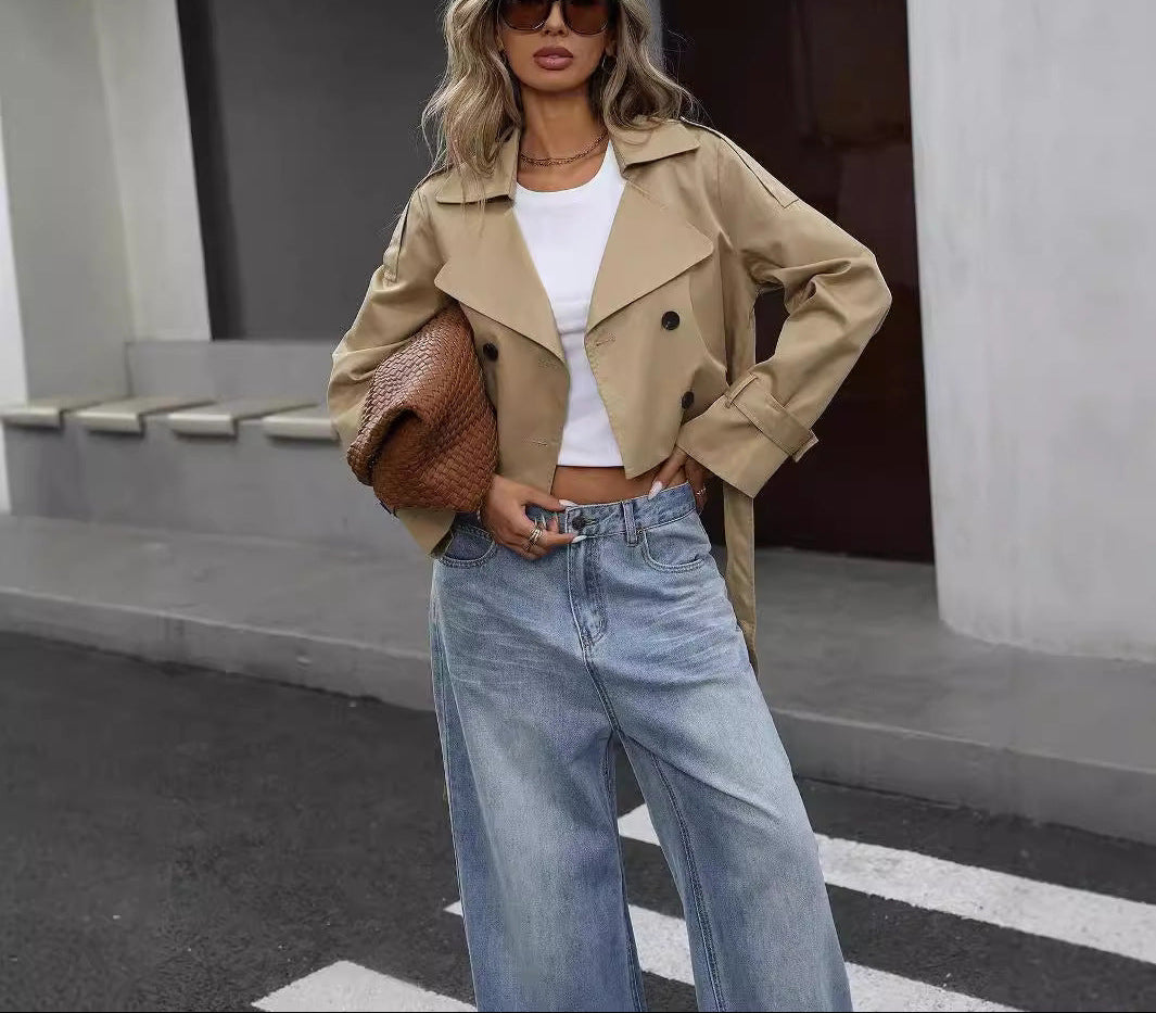 Women's cropped double-breasted trench jacket beige classic silhouette waist-defining fit