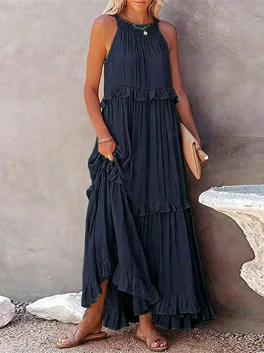 Elegant sleeveless dress with delicate ruffle details, feminine silhouette for special occasions