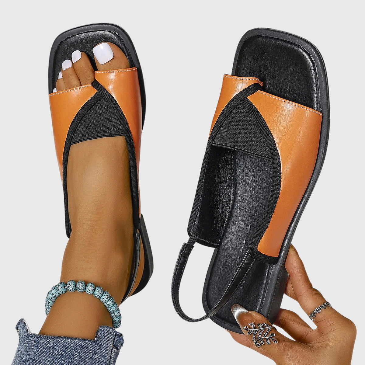 Women's two-tone slingback flat sandals open toe summer shoes with secure ankle strap