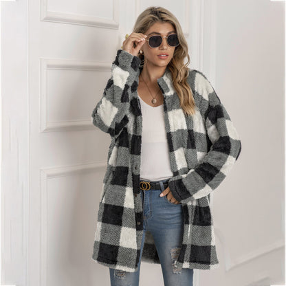 Women's longline colorblock fleece plaid coat cozy warm winter essential with bold plaid pattern