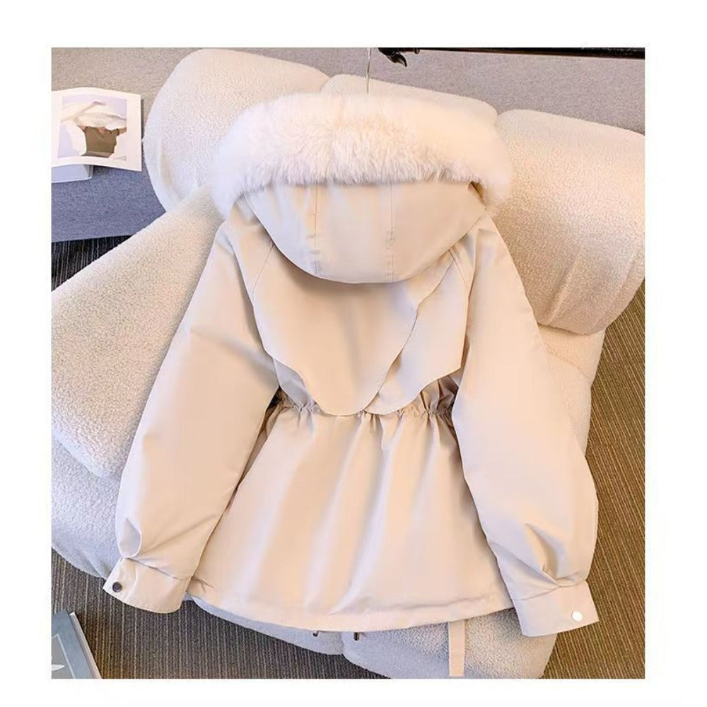 Women's rich cocoa brown faux fur winter coat with removable hood and adjustable waist