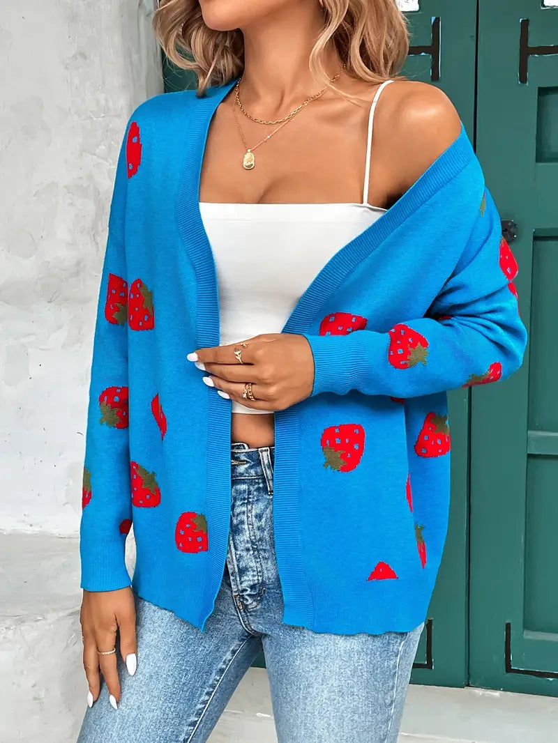 Women's oversized open-front knit cardigan with cozy strawberry pattern, perfect for fall layering