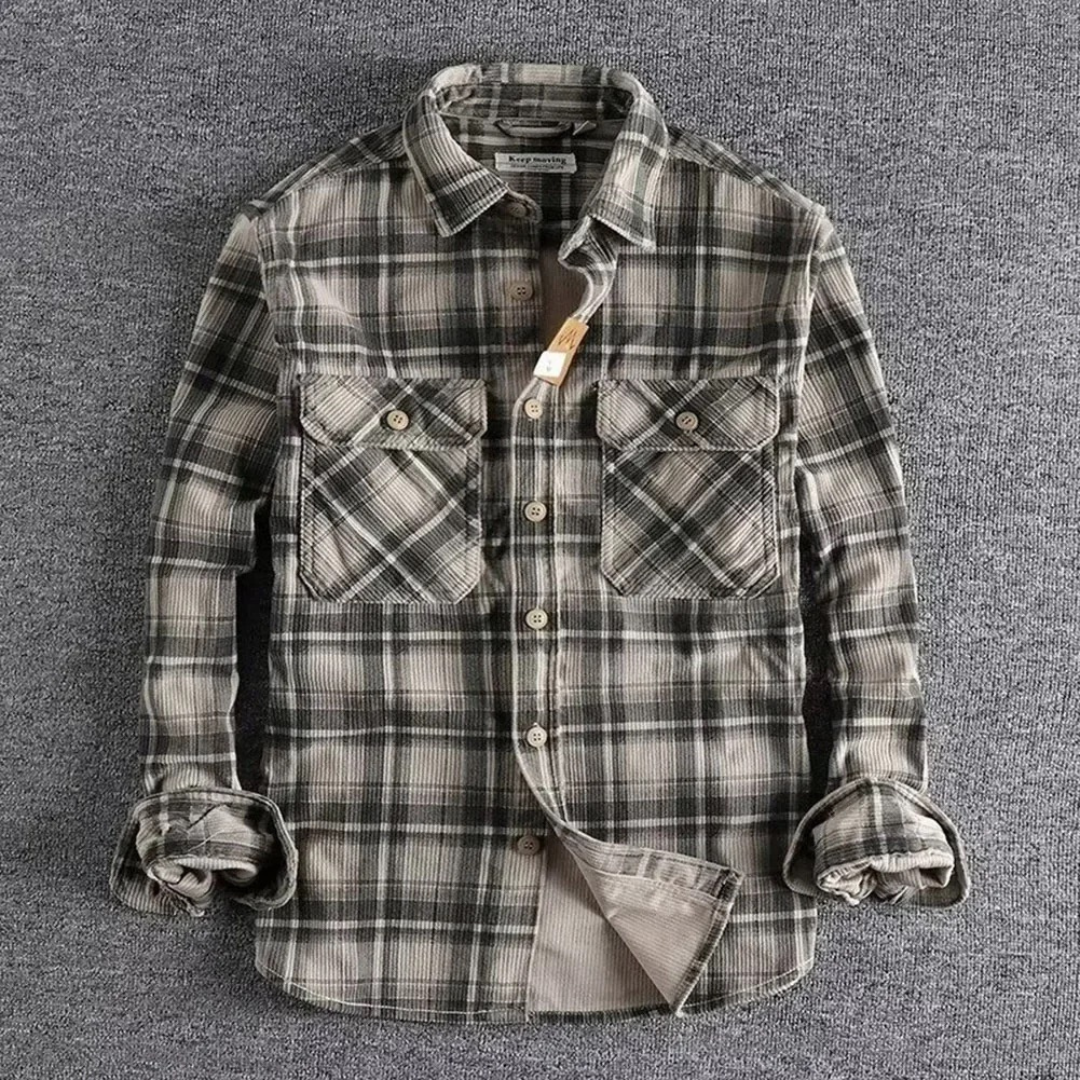 Men's plaid corduroy flannel shirt relaxed fit washed finish versatile layering light jacket style