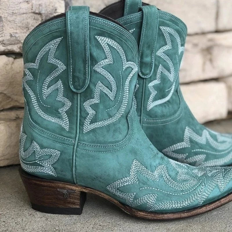 Women's western cowboy boots with floral embroidered shaft, pointed toe, classic bold silhouette
