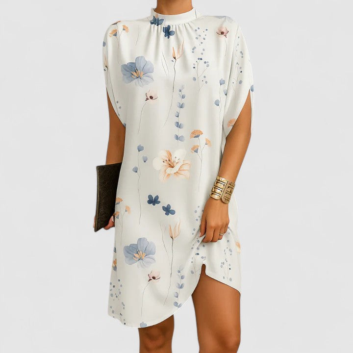 Blush pink midi dress with mock neck, batwing split sleeves, and relaxed silhouette for women