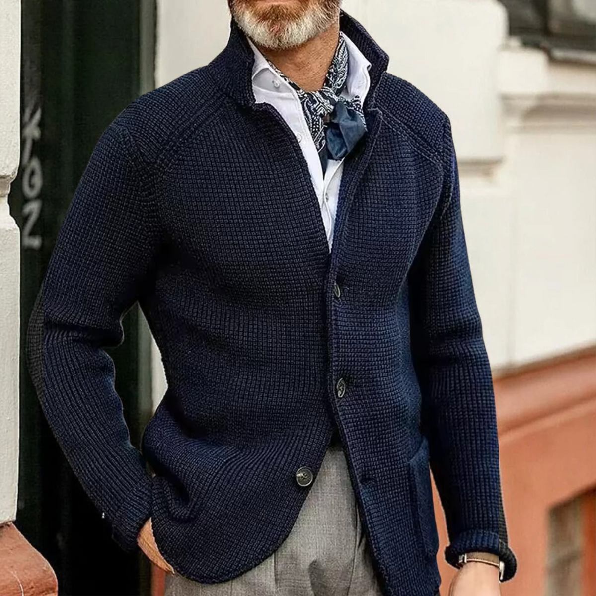 Lennox men's gray timeless cardigan with classic button-front closure and refined slim-fit silhouette
