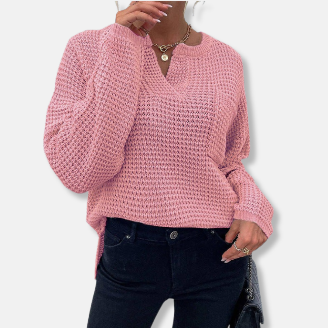Women's beige waffle knit sweater relaxed fit notched round neck with cuffed long sleeves