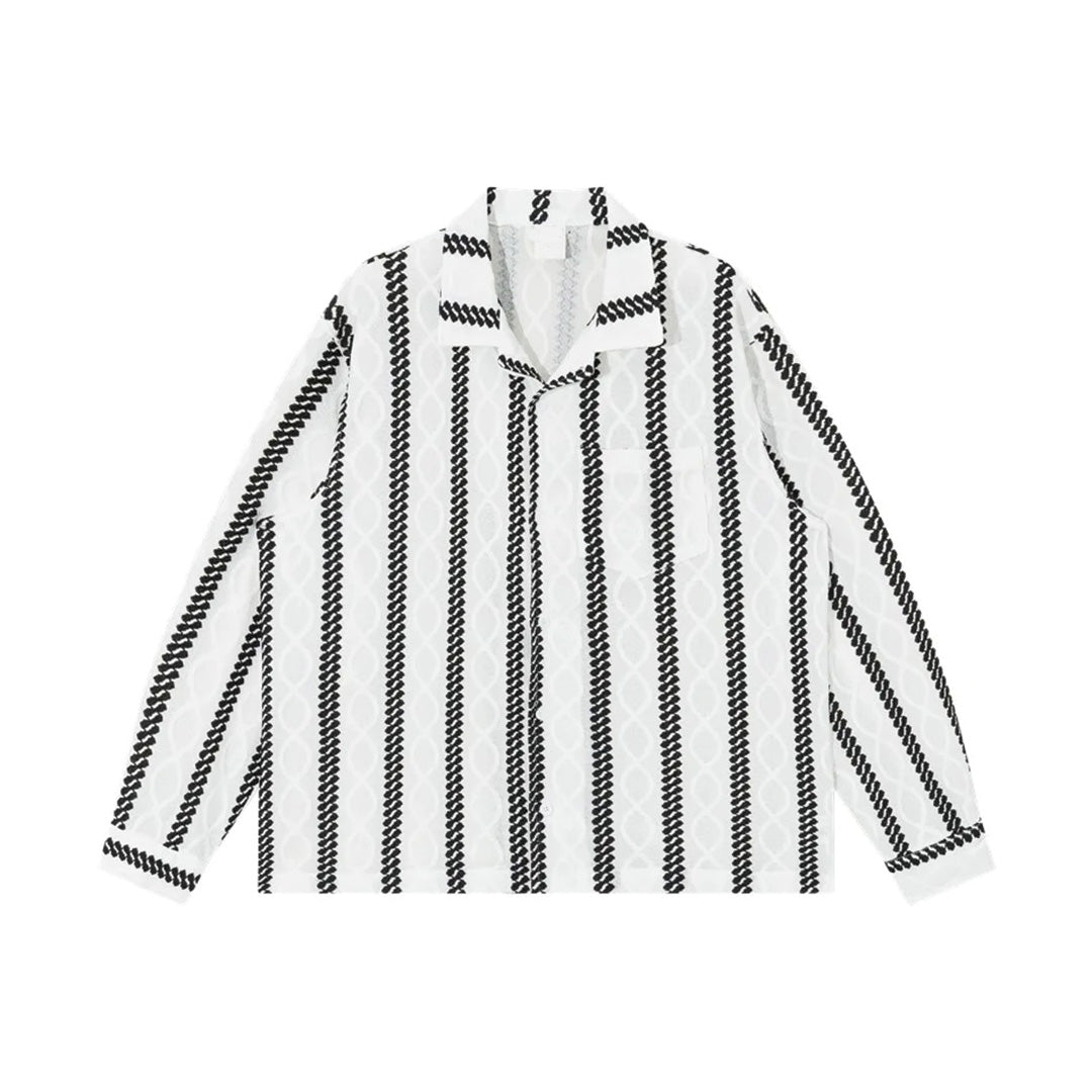 Relaxed-fit white jacquard stripe cotton shirt with Cuban collar and lapel pocket