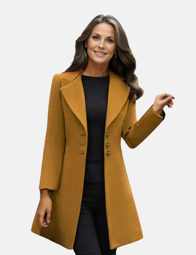 Women's black knee-length tailored coat with wide lapels and single-breasted button closure