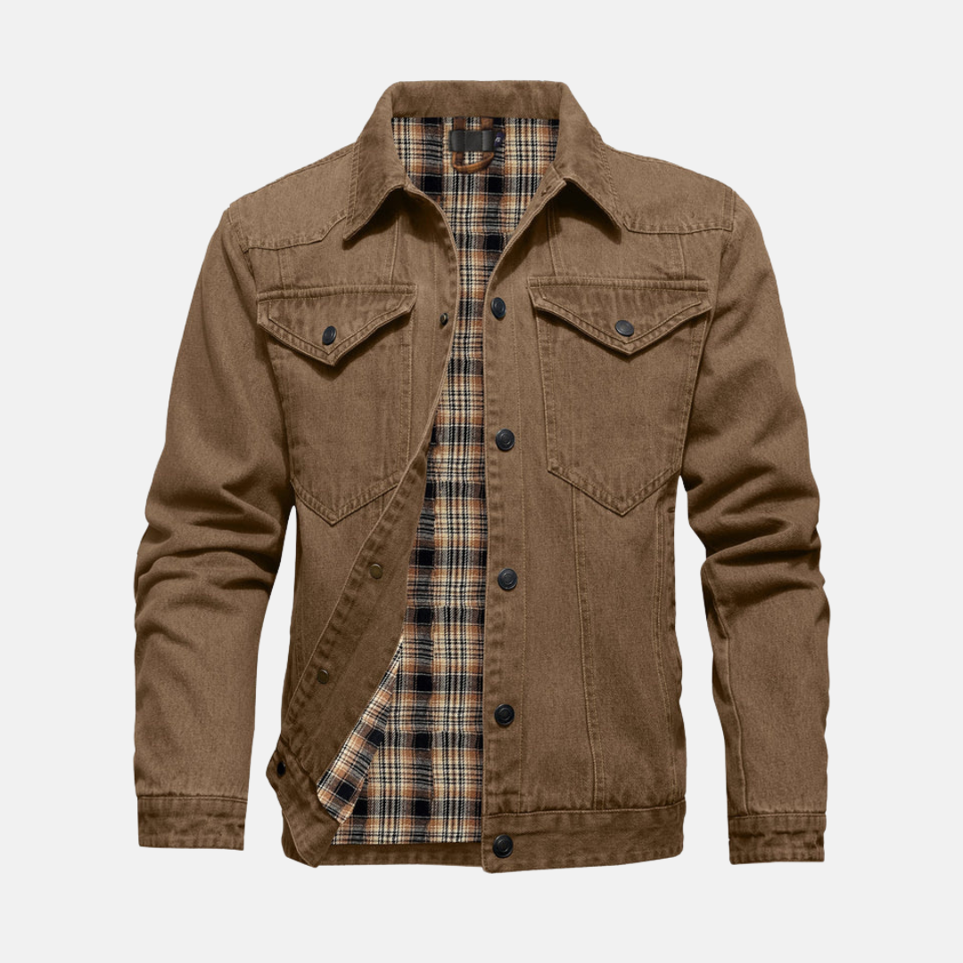 Men's relaxed hip-length blue denim jacket with button front and chest pockets for casual layering