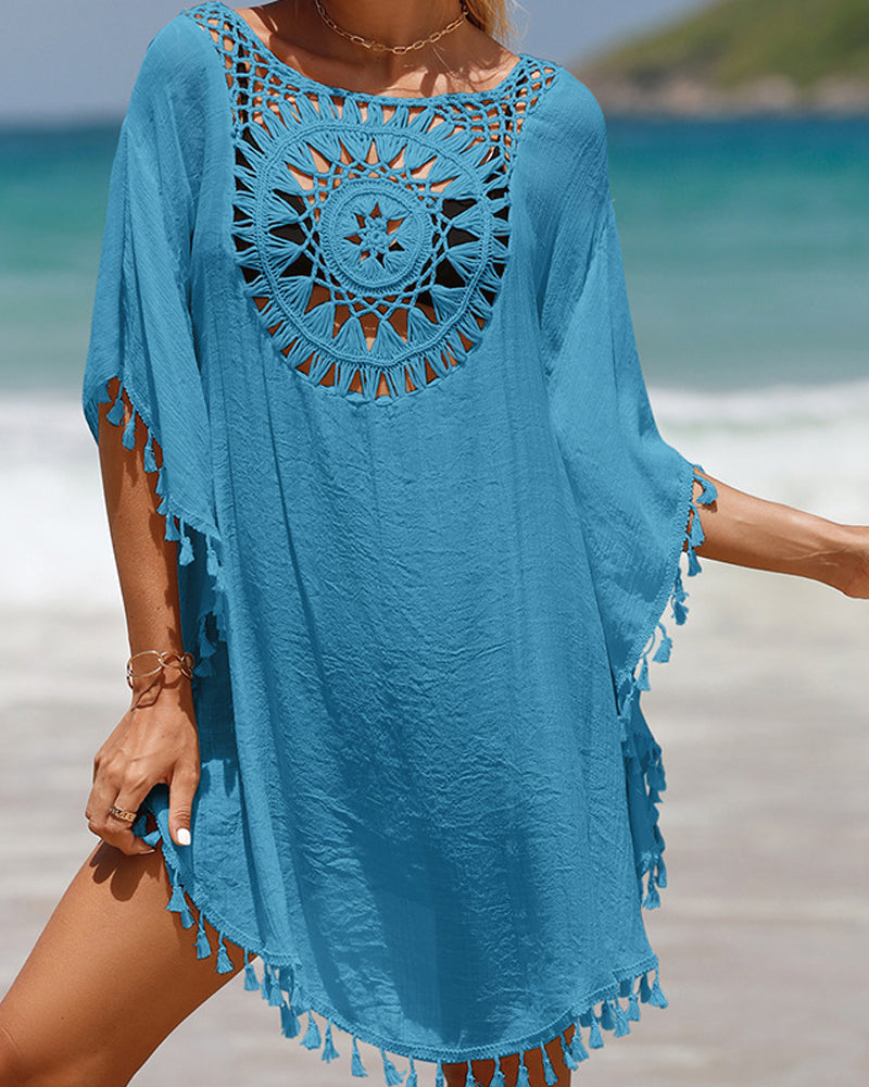 White boho beach cover-up dress with crochet-inspired detailing, flowy silhouette for women