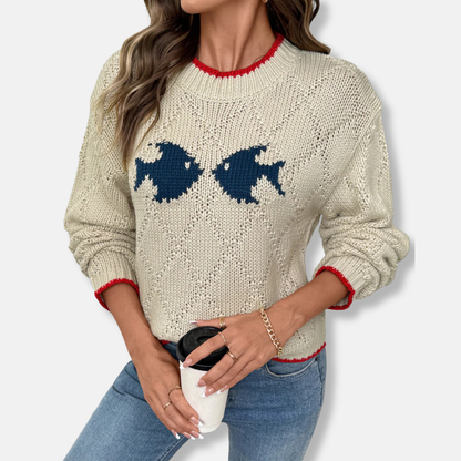 Women's relaxed fit knit sweatshirt round neck long sleeves textured chevron pattern casual style