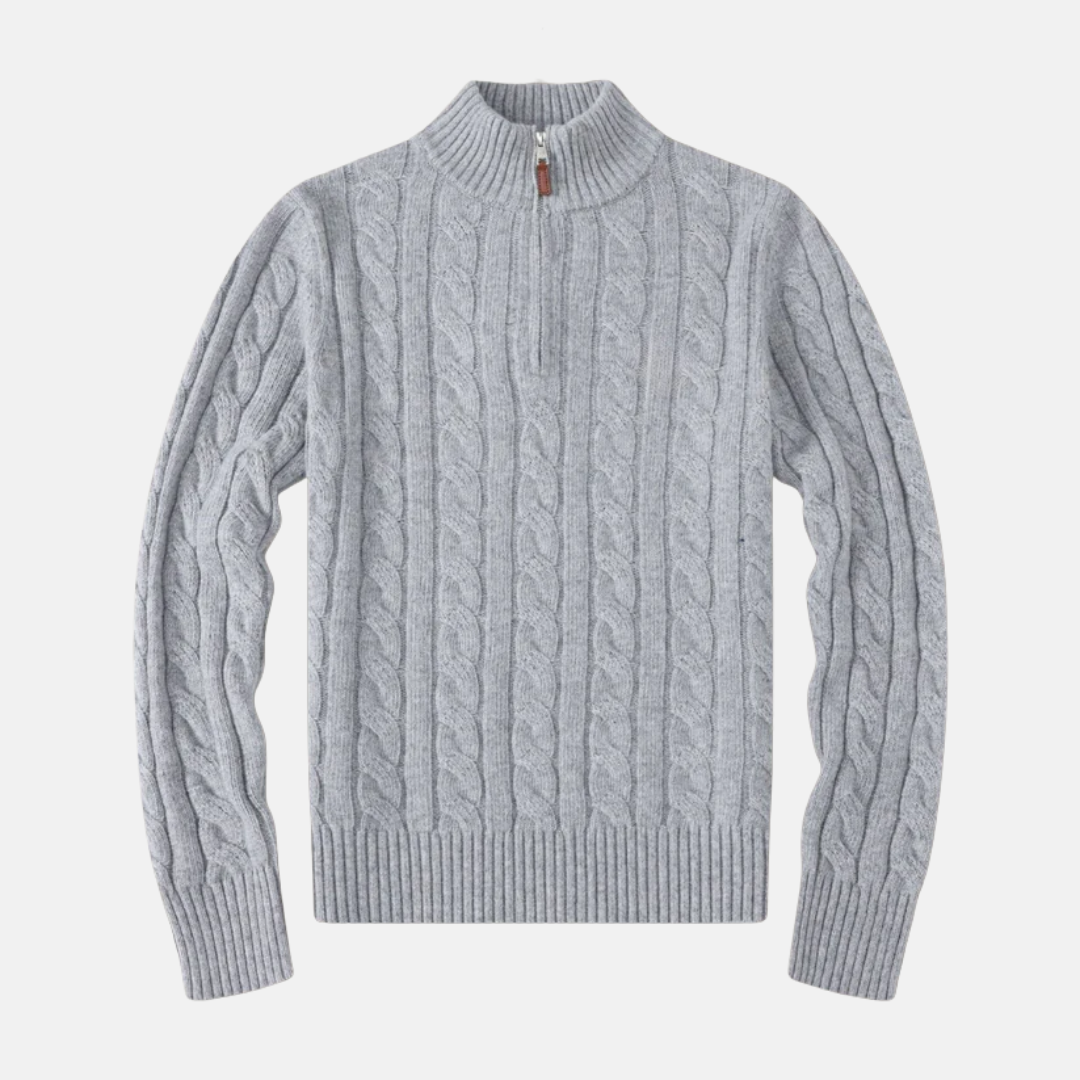 Men's cream cable knit half-zip sweater with stand-up collar, regular fit cotton blend essential