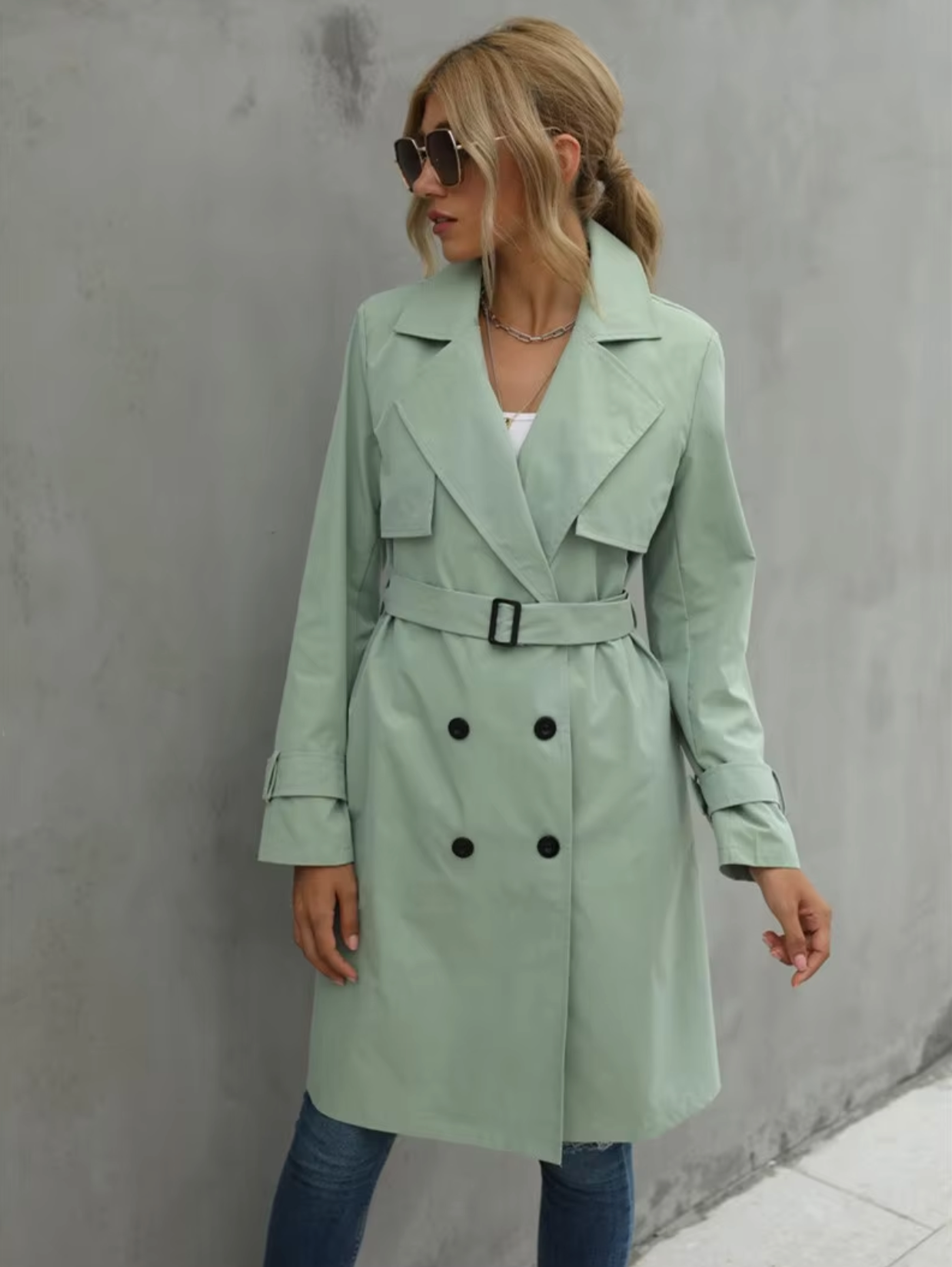 Women's beige double-breasted trench coat tailored fit classic silhouette office to weekend