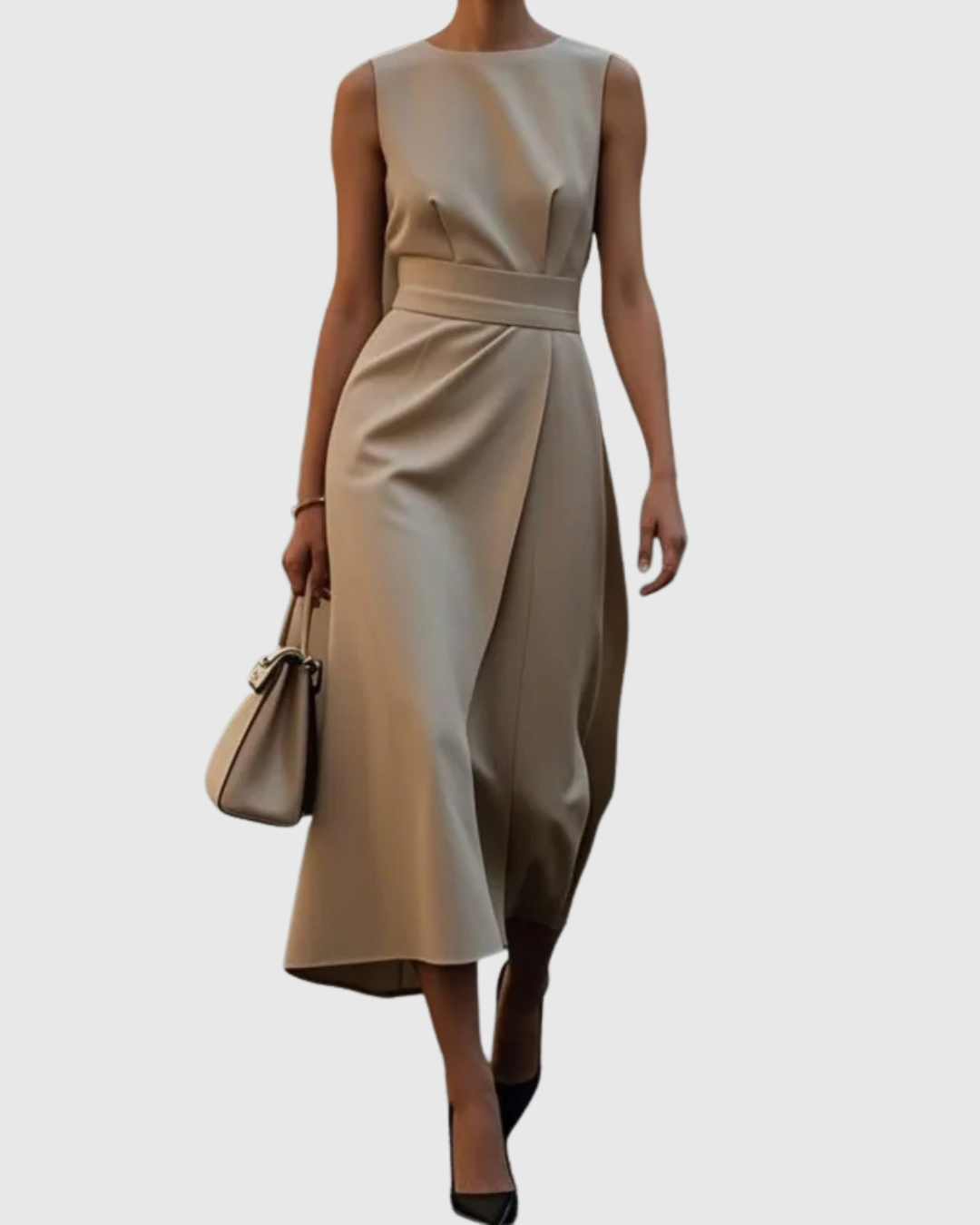 Rust sleeveless midi dress with round neck and distinctive twist knot waist detail for women