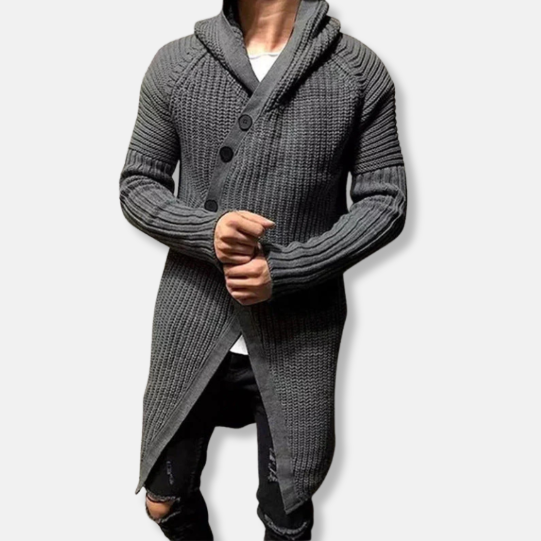 Men's charcoal chunky knit wool longline cardigan relaxed fit hooded shawl collar cold-weather layer
