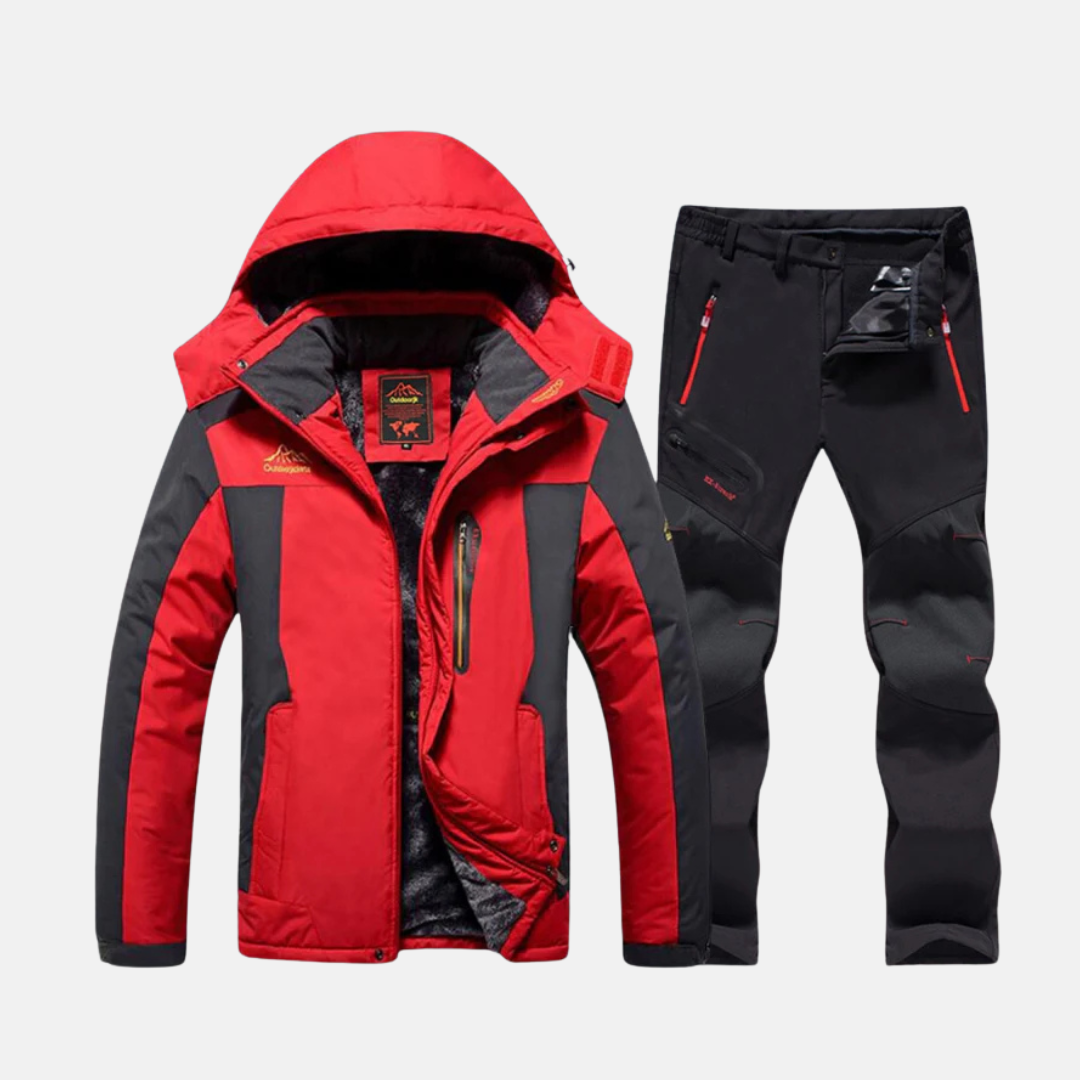 Men's two-piece outdoor set woven shell jacket fleece lining adjustable hood zippered pockets