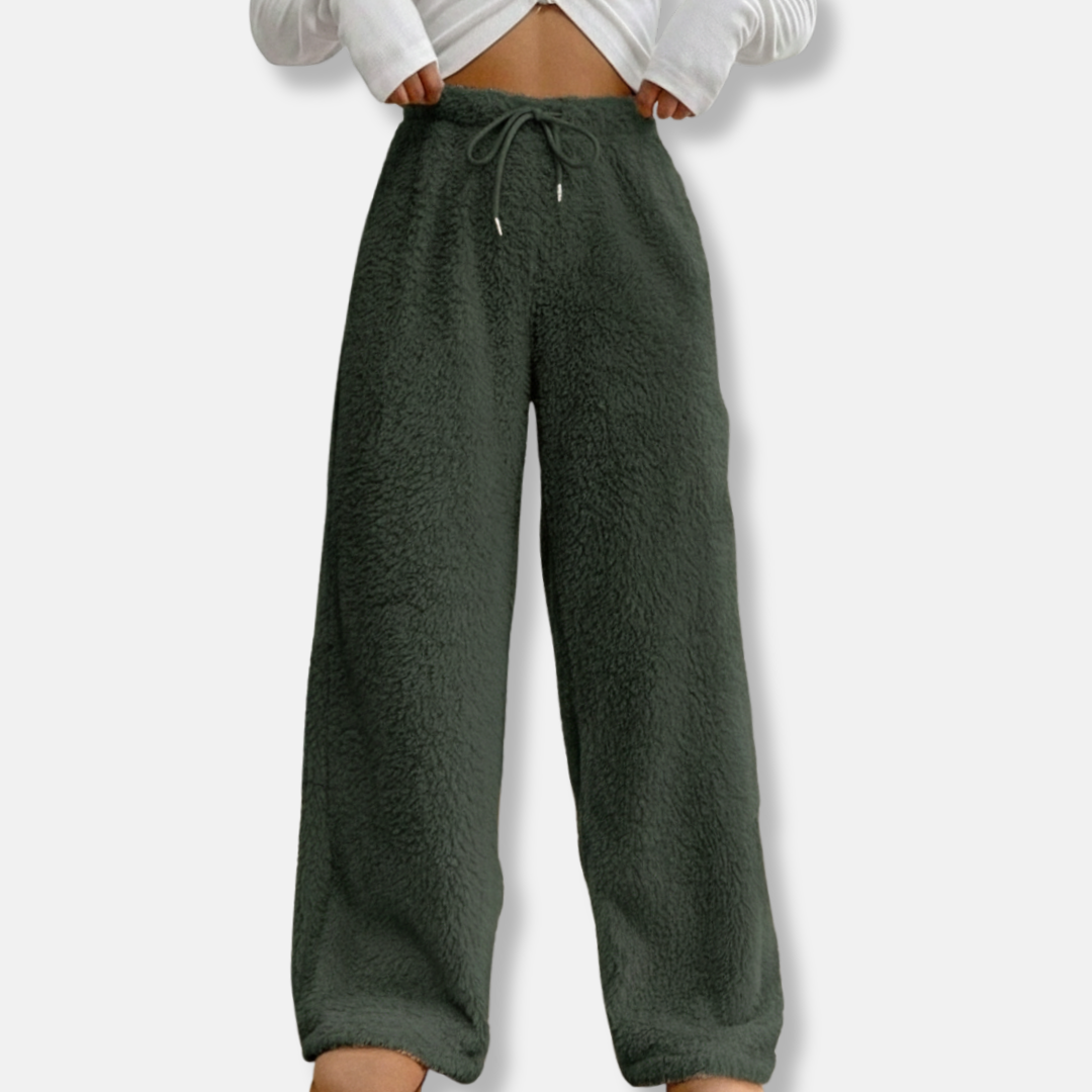 Women's plush fleece lounge pants loose wide-leg fit with adjustable drawstring waist full length