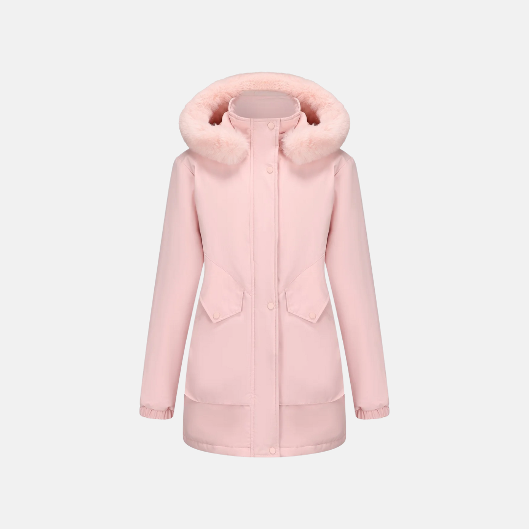 Women's mid-length parka jacket with faux fur hood, adjustable waist, and snap closure