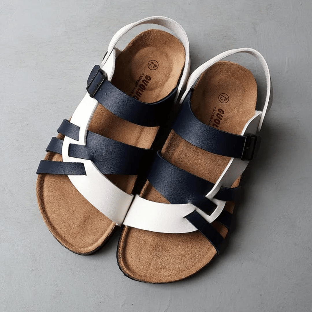 Reese tan leather outdoor sandals with cushioned insole, adjustable buckle, and open-toe design