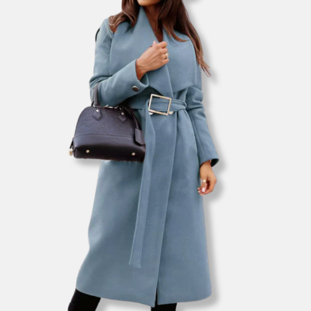 Women's longline belted coat with draped lapels, gold buckle detail, tailored relaxed fit for professionals