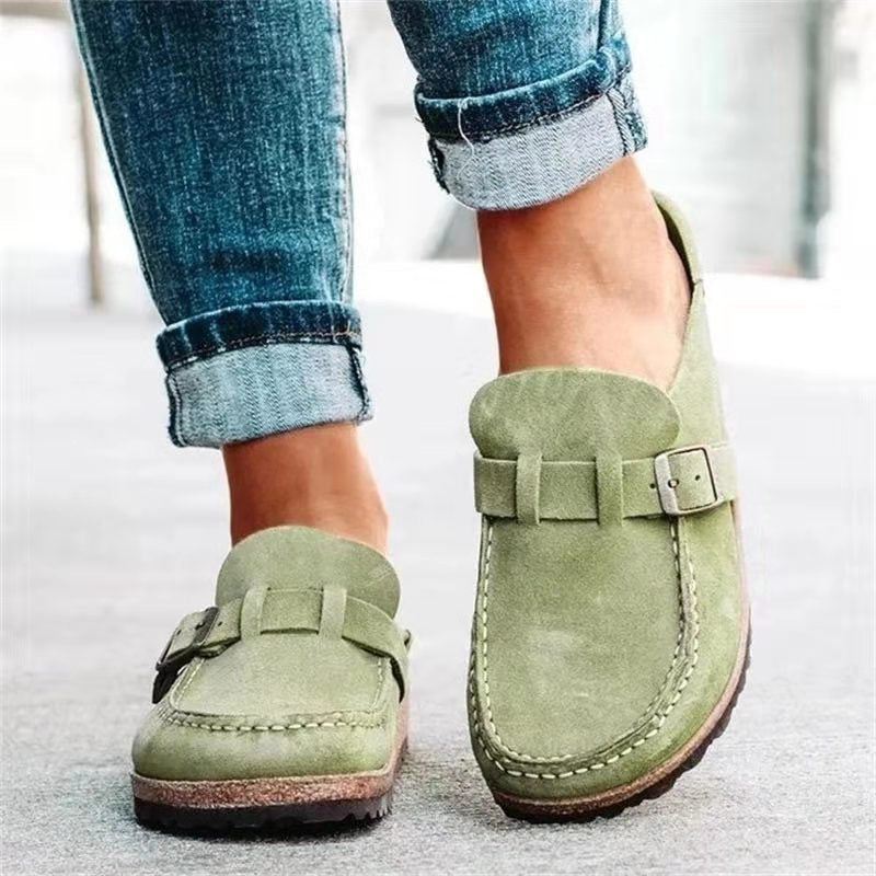 Beige suede comfort slip-on shoes with molded platform sole and adjustable buckle strap