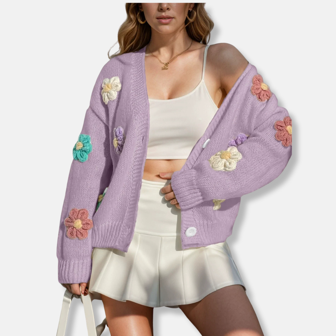 Women's oversized wool blend knitted cardigan with handmade floral accents and button-front closure