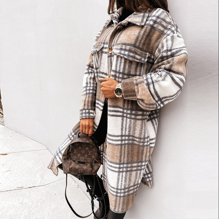 Women's long wool blend checkered coat classic button closure timeless pattern modern silhouette