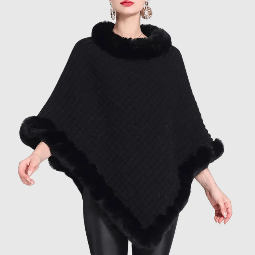 Becca soft weave poncho with fur-like trim, luxurious knit wrap in elegant oversized silhouette