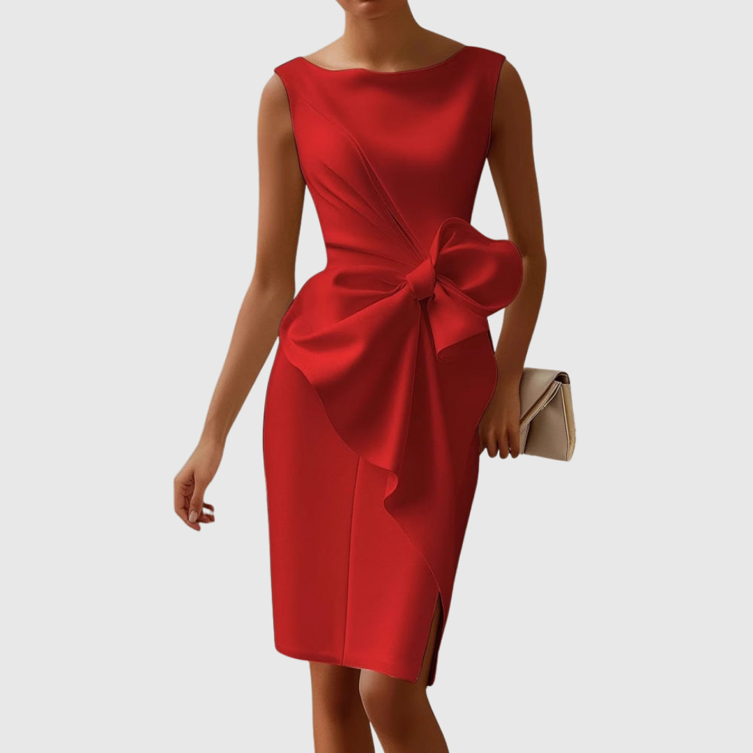 Black sleeveless boat neck midi dress with sculptural side bow and pencil silhouette