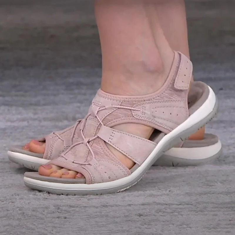 Women's comfort sandals in neutral tones, classic open-toe style with ergonomic comfort support footbed