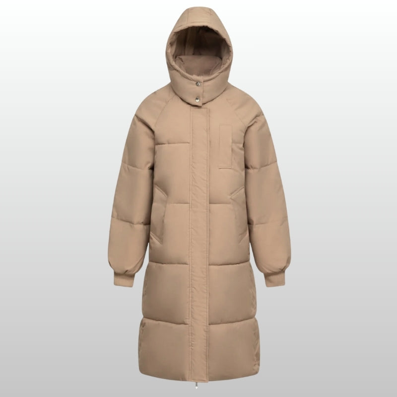 Cortina long puffer jacket with water-repellent fabric, flattering silhouette, and fleece-lined pockets