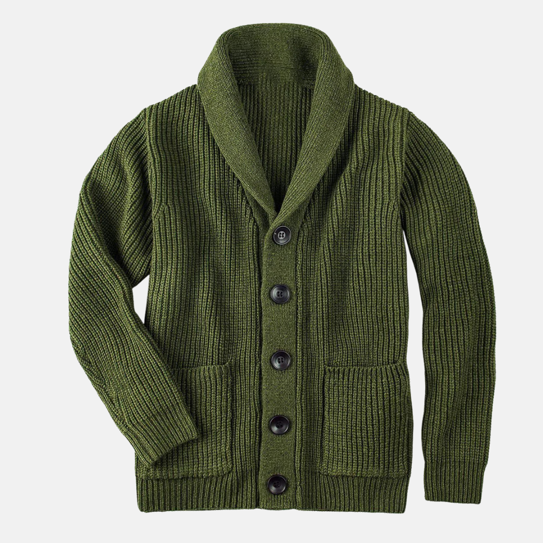 Men's ribbed knit shawl collar cardigan coat, button front, patch pockets, regular fit