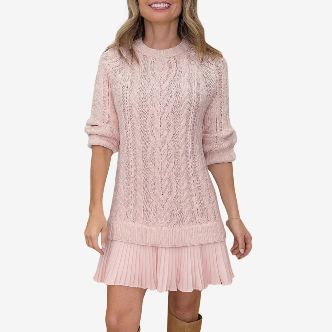 Cozy knit sweater dress with flattering silhouette and distinctive modern design details