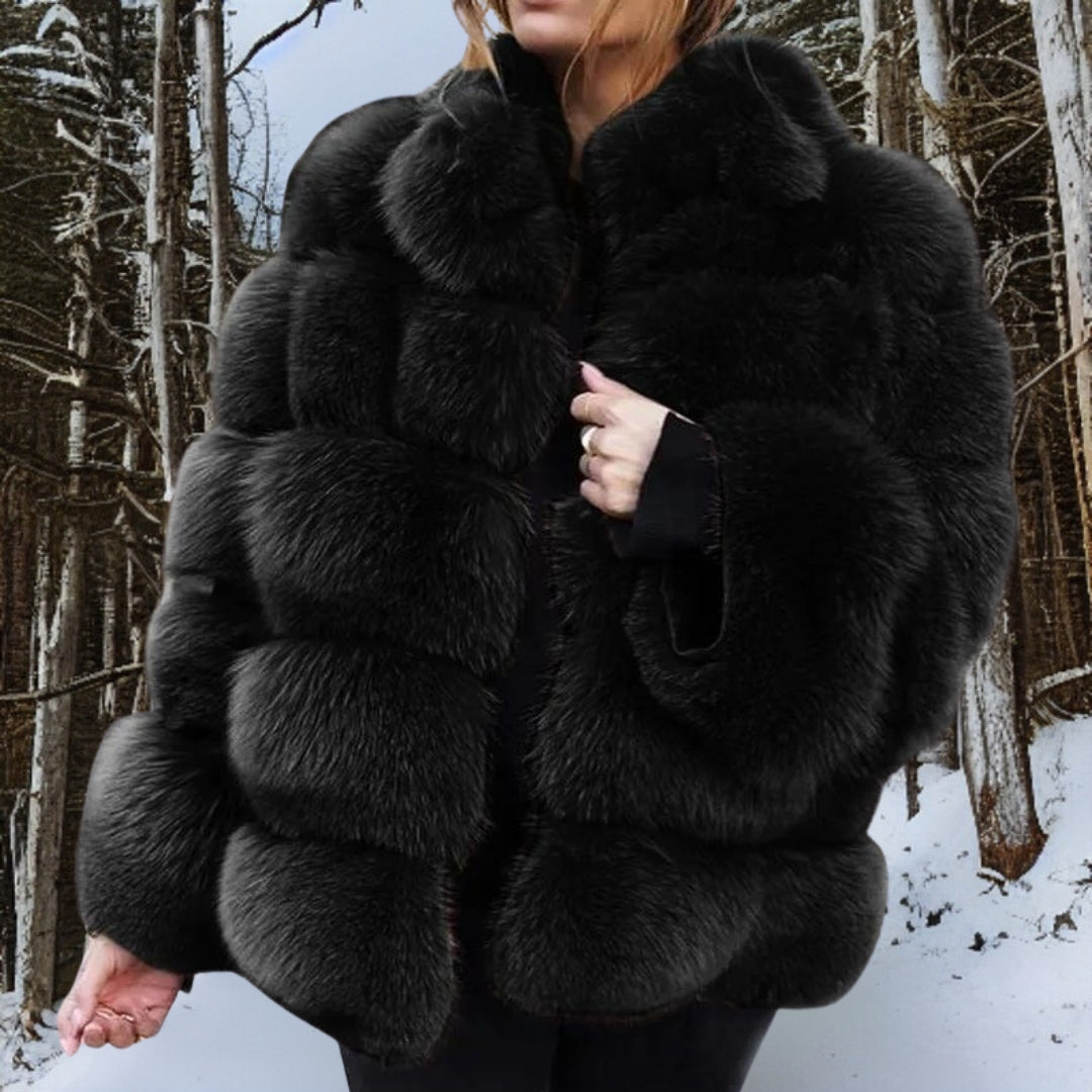 Women's ivory faux fur medium-length quilted jacket with voluminous luxe silhouette