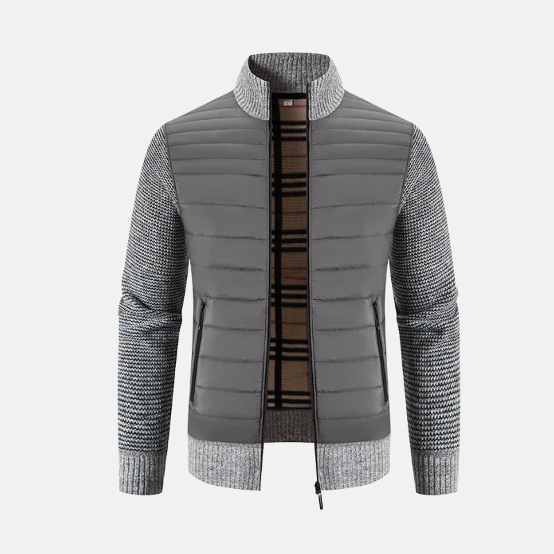 Men's slim fit hybrid padded jacket with quilted torso and ribbed knit sleeves for cold weather