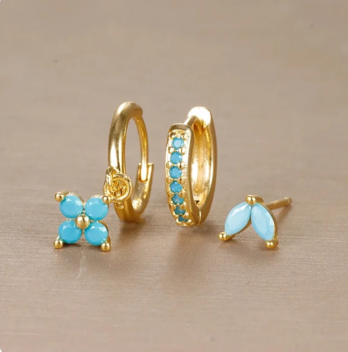 Hazel mixed stud hoop earring set with green synthetic stone detail for women and teens