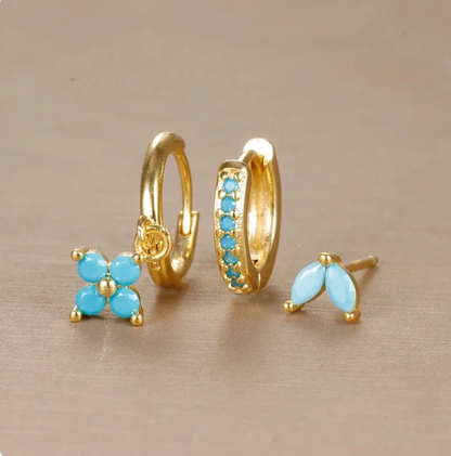 Hazel mixed stud hoop earring set with green synthetic stone detail for women and teens
