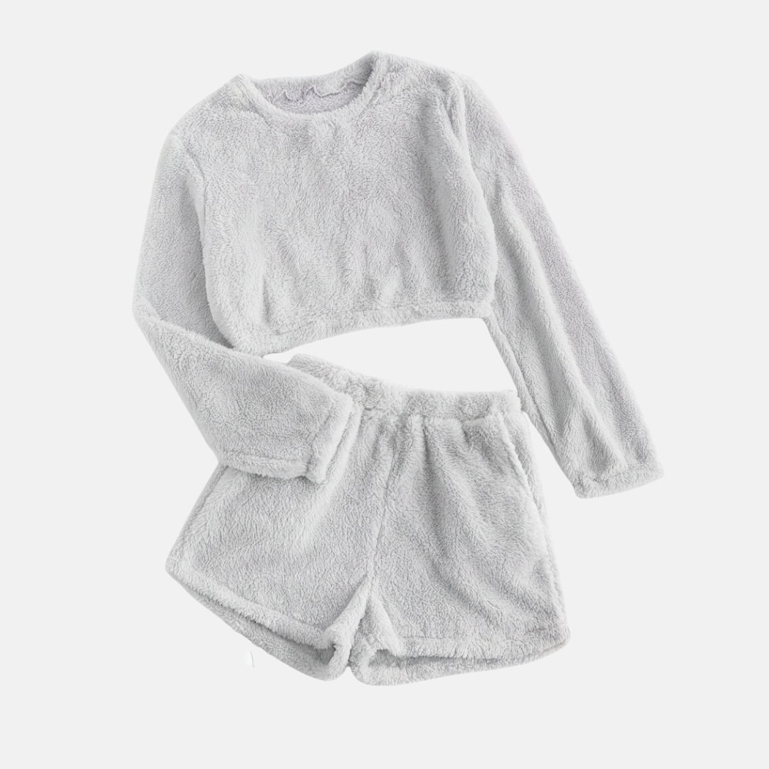 Women's textured plush loungewear set, cropped long-sleeve top and high-waisted shorts, cloud-soft cozy fit