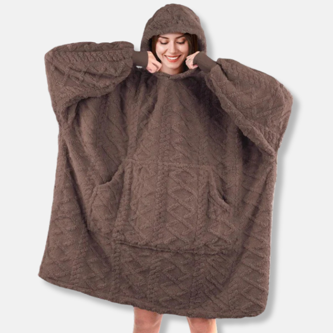 Women's oversized plush knit wearable blanket hoodie in cozy lounge style with kangaroo pocket