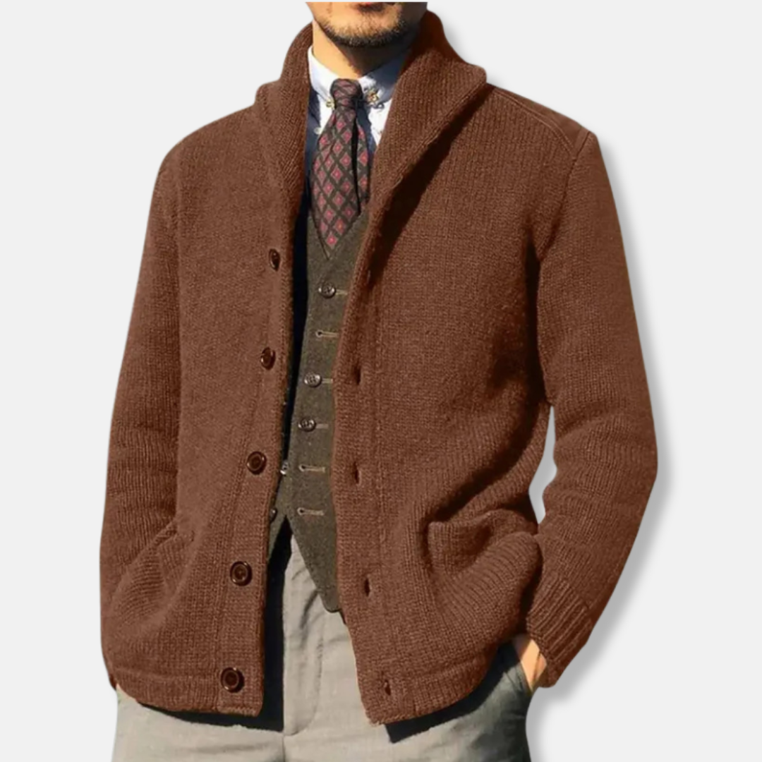 Men's wool knit cardigan regular fit shawl collar button-front with ribbed cuffs classic style
