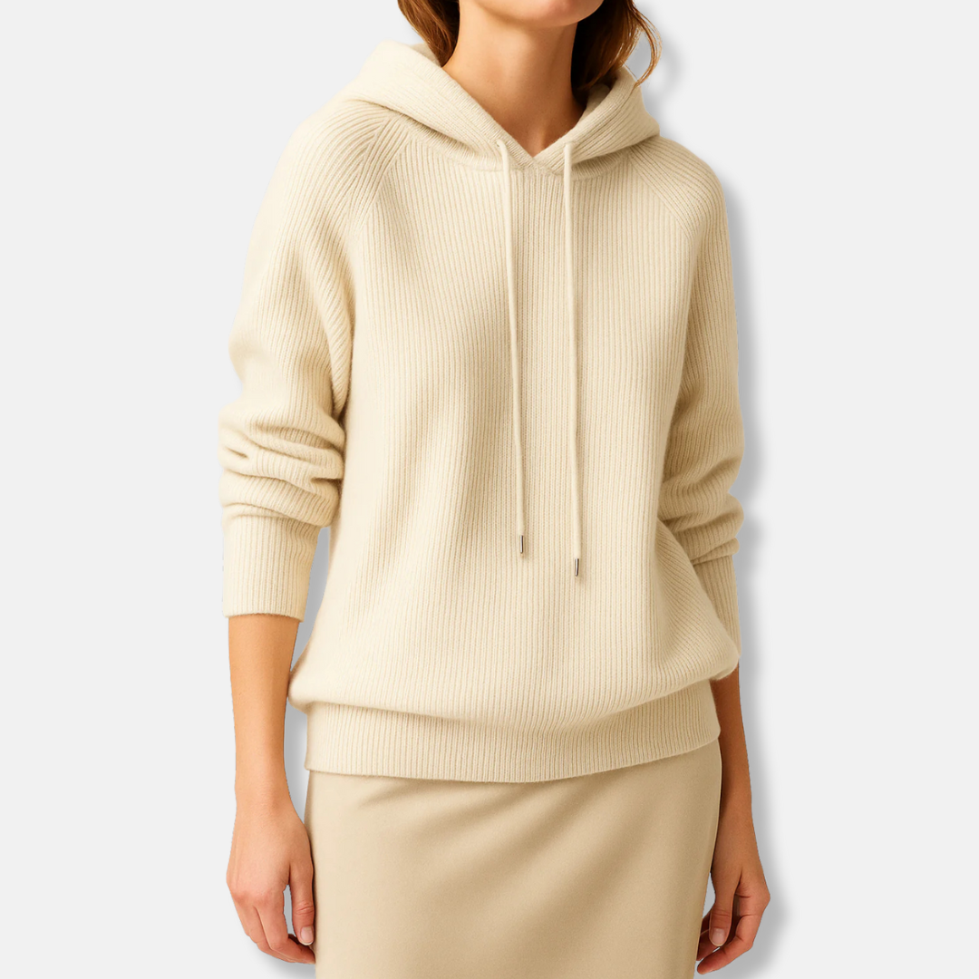 Women's cozy knit hoodie relaxed fit with raglan sleeves, soft drape for sophisticated casual wear