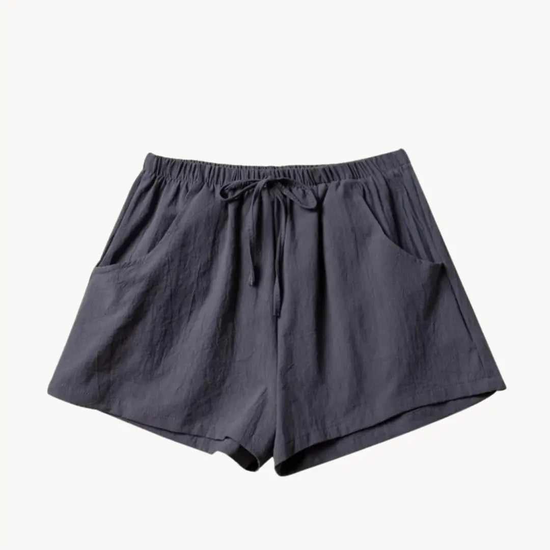 Women's high waist linen shorts with elastic drawstring waistband and slant pockets, lightweight summer fit