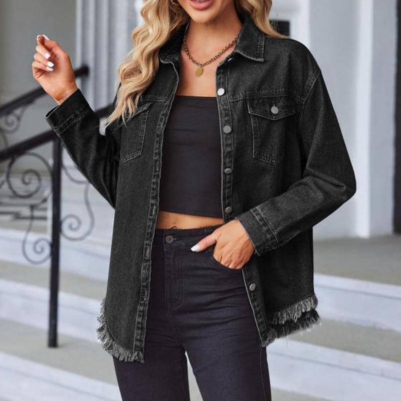 Branu oversized denim jacket with raw fringe hem and snap-front closure in soft blue denim