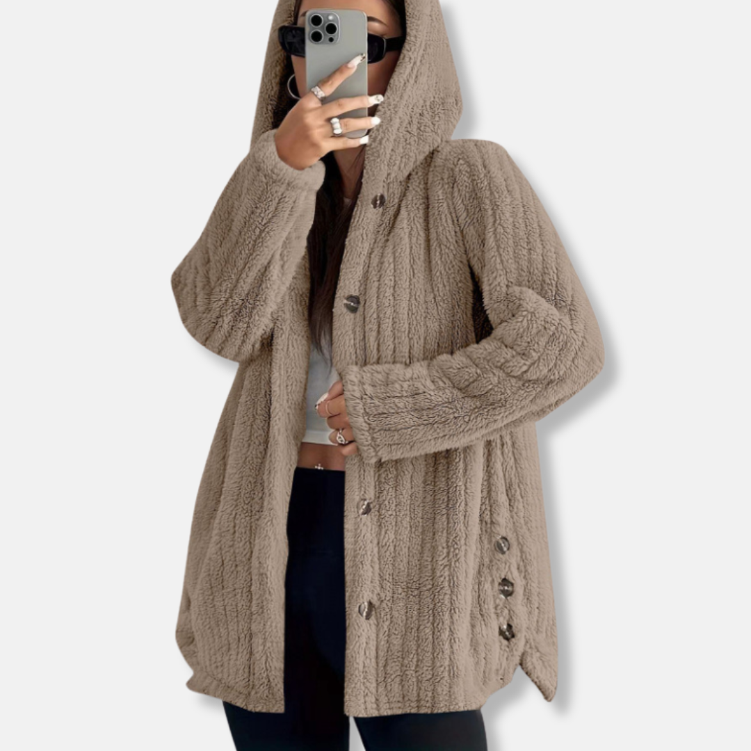 Women's plush hooded coat in soft faux shearling, loose fit mid-length silhouette for cozy winter style