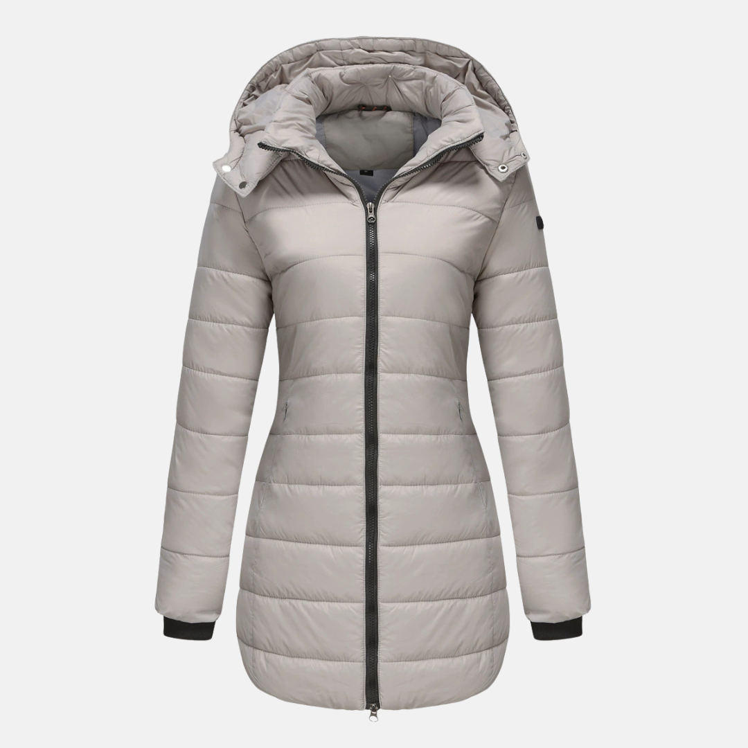 Women's mid-length quilted puffer jacket with detachable hood and ribbed cuffs for cozy warmth