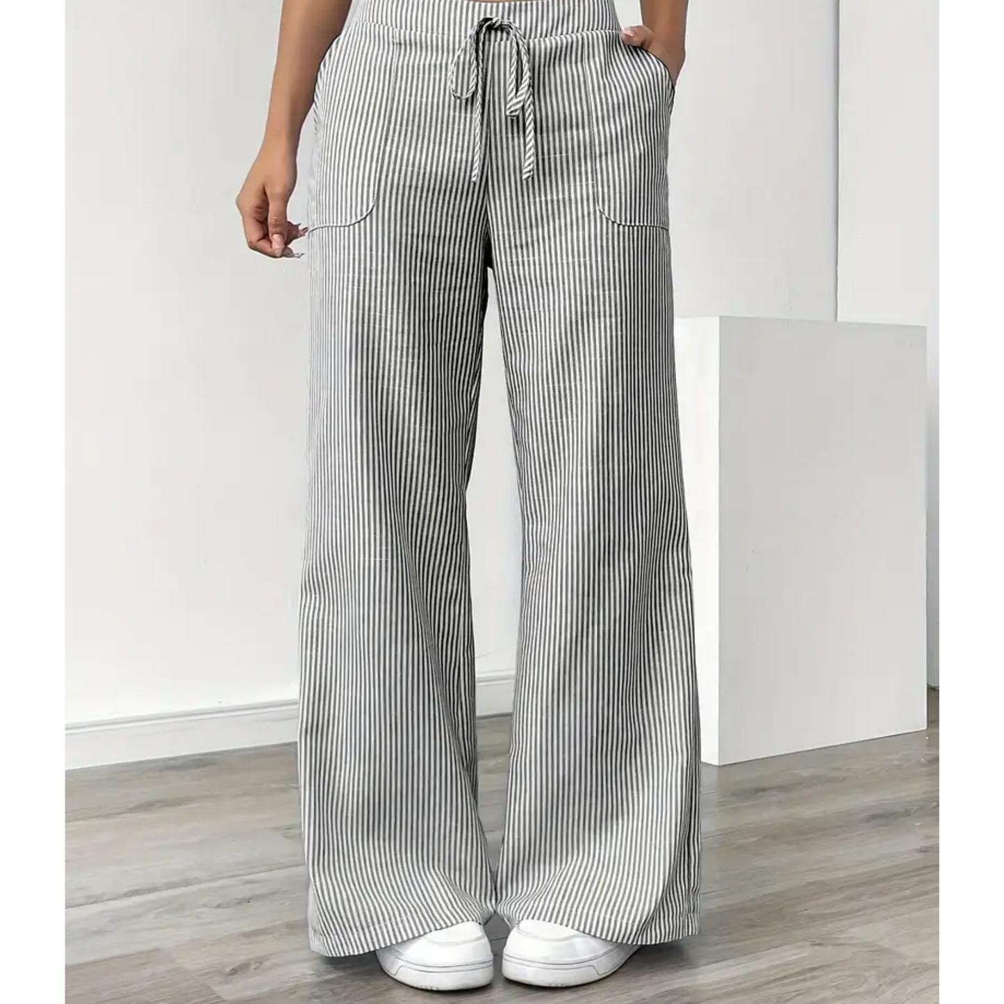 Striped wide-leg pant with pockets, vertical print, adjustable waistband, lightweight everyday style