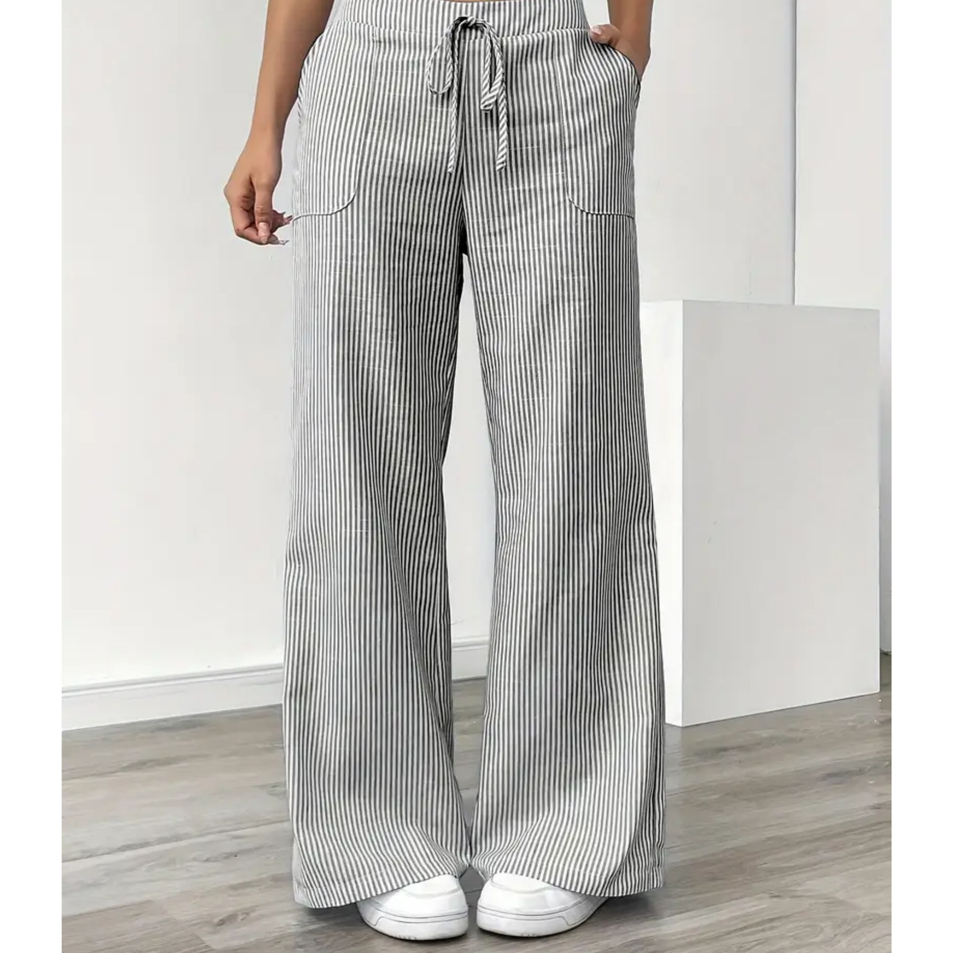 Striped wide-leg pant with pockets, vertical print, adjustable waistband, lightweight everyday style